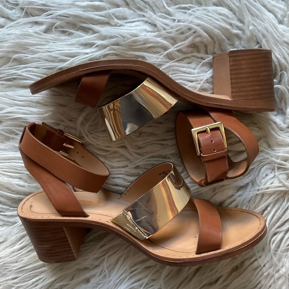 Zara Trafaluc Brown Metallic Gold Ankle Wrap Double Strap Heeled Sandals Size 38 - Picture 2 of 12